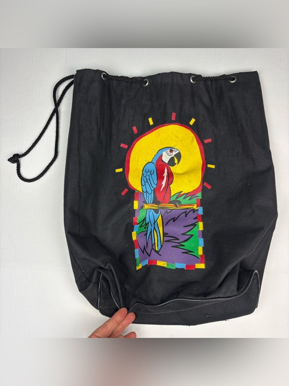 Vintage Triangle Gear Drawstring Bag Black Parrot Colorful Travel Sack Tropical